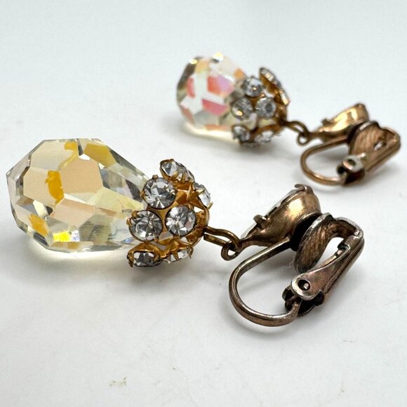 Aurora Borealis Vintage Crystal Clip-On Gold-Tone Drop Earrings Rhinestone - Picture 5 of 6